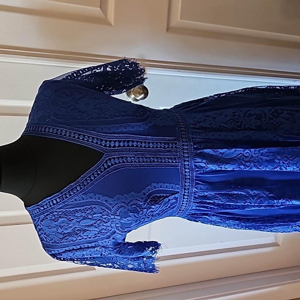 Lace blue dress, fully lined, side zipper.